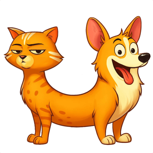 CatDog, the ProWord mascot — an orange cat and corgi sharing one body